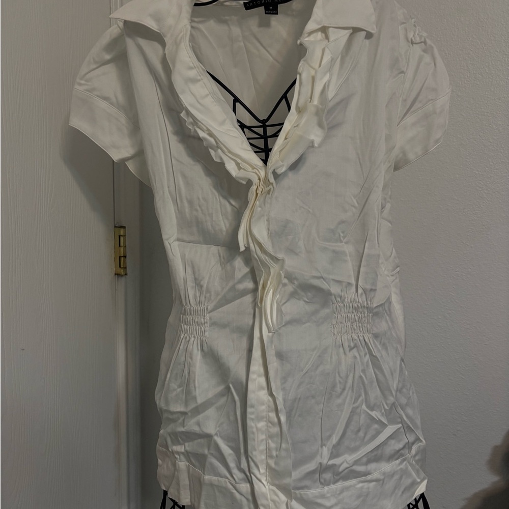 ANTONIO MELANI White Ruffle-Trim Short Sleeve Blouse